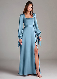 Azazie Leonia Brautjungfernkleider A-Linie Langarm Stretch-Satin Kleid Stahlblau image3