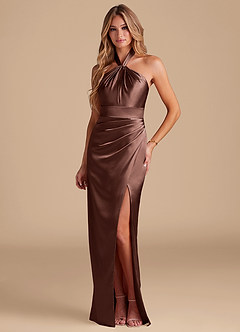 Azazie Zaya Bridesmaid Dresses Espresso Sheath Pleated Metallic Satin Dress image1