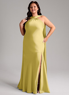 Azazie Kinsley Vestidos de madrinha de casamento Vestido Canário de Cetim elástico de sereia com Racha Lateral image10