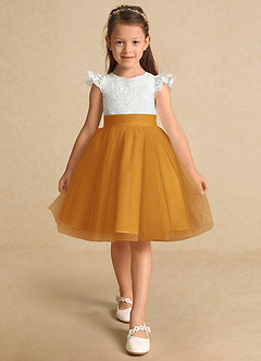 Azazie Vetty Flower Girl Dresses Ivory Butterscotch A-Line Lace Tulle Dress image6