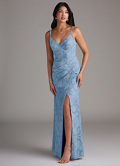 Azazie Leo Bridesmaid Dresses Powder Blue Sheath Pleated Floral Burnout Dress image3