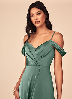 Azazie Ocean Bridesmaid Dresses Eucalyptus A-Line V-Neck Pleated Stretch Satin Dress image4