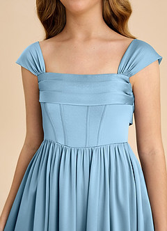 Azazie Hattie Junior Steel Blue A-Line Pleated Stretch Satin Dress image9