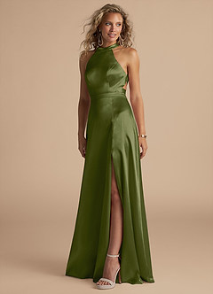 Azazie Clarice Bridesmaid Dresses Olive A-Line High Neck Metallic Satin Dress image1