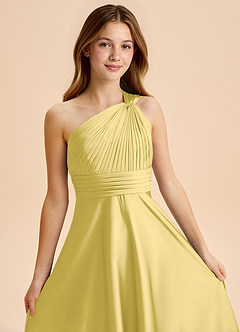 Azazie Charlize Junior Canary A-Line Pleated Stretch Satin Dress image6