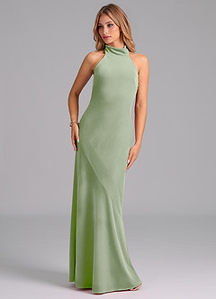 Azazie Velli Vestidos de damas de honor Vestido de Salvia Polvorienta de terciopelo de Corte Sirena con Cuello Alto image3