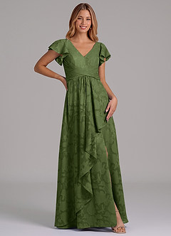 Azazie Omari 신부 들러리 드레스 A라인 주름진 플로럴 번아웃 바닥 길이 드레스 image3