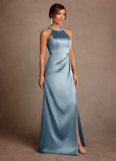 Azazie Lawrence Abiti per la Madre della Sposa Abito A-Line in Raso Elasticizzato Plissettato Blu Polveroso image4