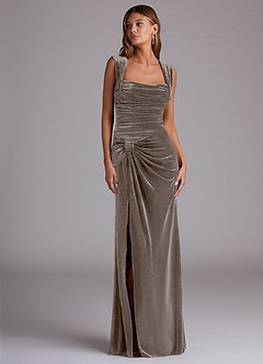 Azazie Genesis Bridesmaid Dresses Silver Taupe Sheath Pleated Velvet Dress image3