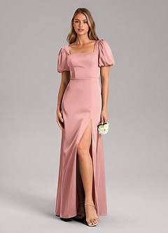 Azazie Fyona Bridesmaid Dresses Rosette A-Line Pleated Stretch Satin Dress image3
