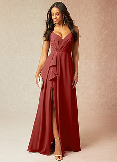 Azazie Kyedae Bridesmaid Dresses Rust A-Line V-Neck Pleated Chiffon Dress image1
