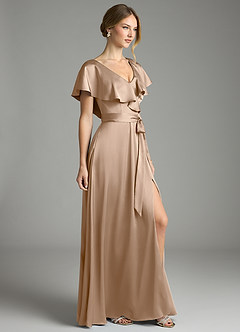 Azazie Lainey Bridesmaid Dresses Taupe A-Line with Pockets Stretch Satin Dress image5