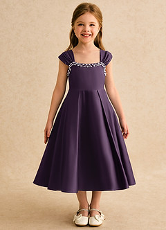 Azazie Yosemite Jurken voor bloemenmeisjes Baljurk Jurk van Mat Satijn Sweetheart Halslijn Pruim image4