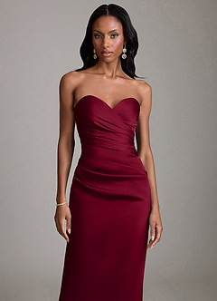 Azazie Sonora At-home Try On Dresses Burgundy Sheath Strapless Stretch Satin Dress image5