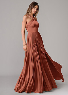 Azazie Afra Bridesmaid Dresses Clay A-Line Pleated Stretch Satin Dress image3
