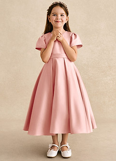 Azazie Princess Flower Girl Dresses Rosette A-Line Pleated Matte Satin Dress image4