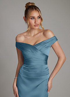 Azazie Teyana Bridesmaid Dresses Bermuda Sheath Off the Shoulder Stretch Satin Dress image2