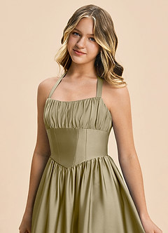 Azazie Kyrie Junior Moss Green A-Line Pleated Stretch Satin Dress image7