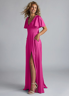 Azazie Kimber Bridesmaid Dresses Fuchsia A-Line Ruched Stretch Satin Dress image6