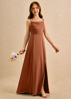 Azazie Chamomile Girls Formal Robe Demoiselle D'honneur Fillette Robe Trapèze en Satin extensible Plissée Cuivre image2