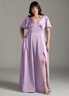 Azazie Kimber Bridesmaid Dresses Frosted Lilac A-Line Ruched Stretch Satin Dress image7