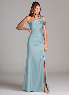 Azazie Wynter Bridesmaid Dresses Moody Blue Sheath Off the Shoulder Stretch Satin Dress image4