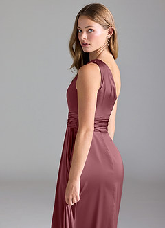 Azazie Dallas Robes de demoiselle d'honneur Robe Trapèze en Satin extensible Ue épaule Rose Du Désert image7