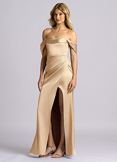 Azazie Auden Bridesmaid Dresses Champagne Sheath Off the Shoulder Stretch Satin Convertible Dress image4