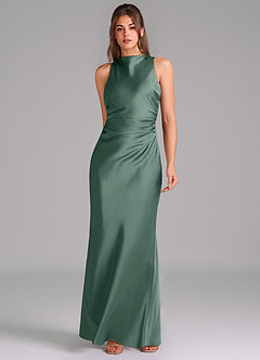 Azazie Evadne Bridesmaid Dresses Eucalyptus A-Line Pleated Stretch Satin Dress image3