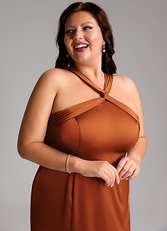 Azazie Rue Bridesmaid Dresses Cinnamon A-Line Pleated Stretch Satin Dress image13