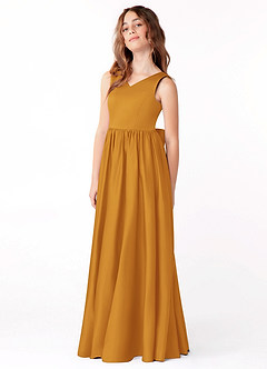 Azazie Hathaway Junior Butterscotch A-Line Bow Matte Satin Dress image4