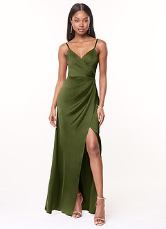 Azazie Maci Brautjungfernkleider A-Linie V-Hals Gefaltet Stretch-Satin Kleid Olivgrün image1