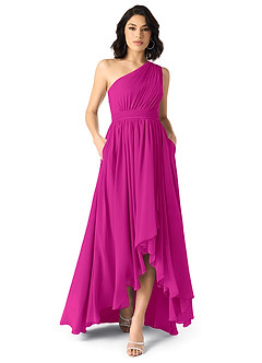 Azazie Mathilda Abiti da Damigella Abito A-Line in Chiffon Monospalla Fucsia image2