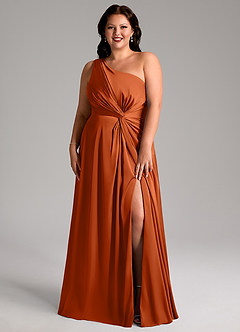 Azazie Brooke Bridesmaid Dresses Burnt Orange A-Line One Shoulder Stretch Satin Dress image8