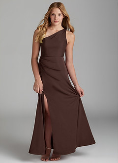 Azazie Maron Junior Linia A Pofałdowany Satyna elastyczna Długość podłogi Młodsza druhna Sukienka image1