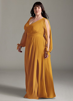 Azazie Matilda Abiti da Damigella Abito A-Line in Chiffon Manica Lunga Caramello image11