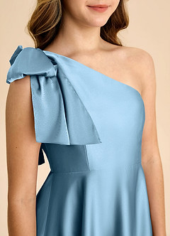 Azazie Penguin Junior Steel Blue A-Line Bow Stretch Satin Dress image7