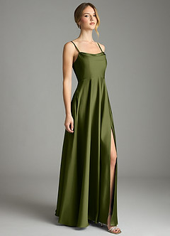 Azazie Elle Bridesmaid Dresses Olive A-Line Pleated Stretch Satin Dress image4