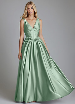 Azazie Delmie Vestidos de damas de honor Vestido de Agave de Satén Elástico de Corte en A con Corsé image1