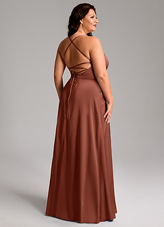 Azazie Mei Brautjungfernkleider A-Linie V-Hals Stretch-Satin Kleid Lehm image11