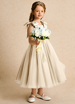 Azazie Serene Abiti da Ragazza di Fiori Abito Principessa in Raso Opaco Fiocco Champagne image5