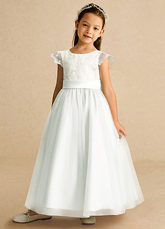Azazie Pookie Flower Girl Dresses Diamond White A-Line Lace Tulle Dress image1