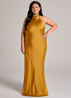 Azazie Velli Abiti da Damigella Abito Sirena in Raso Elasticizzato Collo Alto Caramello image8