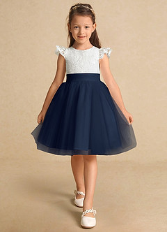 Azazie Vetty Flower Girl Dresses Ivory Dark Navy A-Line Lace Tulle Dress image6