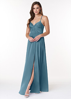 Azazie Raya Vestidos de damas de honor Vestido de Bermudas de Satén Elástico de Corte en A con Cuello en V Plisado image3
