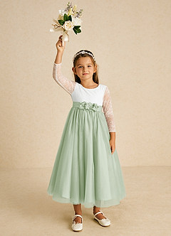 Azazie Mae vestidos de niña de las flores Vestido de Marfil Salvia Polvorienta de Tul de Corte En A con Lazo image4