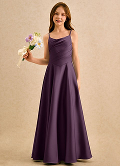 Azazie Coconut Girls Formal Flower Girl Dresses Plum A-Line Pleated Stretch Satin Dress image4