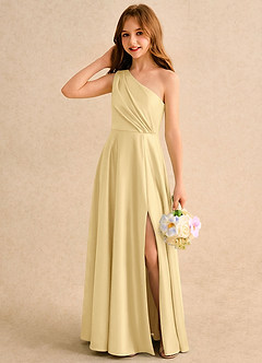 Azazie Puddles Girls Formal Jurken voor bloemenmeisjes A-lijn Jurk van Stretch Satijn One-shoulder Boter image3