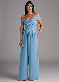 Azazie Lamara Bridesmaid Dresses Steel Blue Off the Shoulder Chiffon Convertible Jumpsuit image1