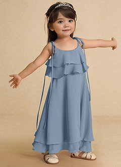 Azazie Temi Robe Demoiselle D'honneur Fillette Robe Trapèze en Mousseline de soie Bretelle Spaghetti Bleu Poussiéreux image8